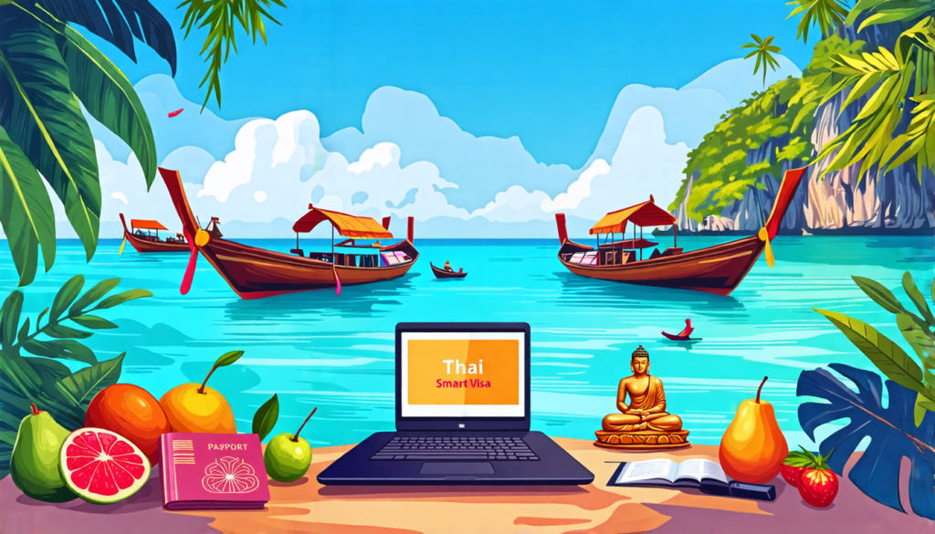 A digital nomad working on a laptop while relaxing on a beautiful Thai beach. In the background, traditional Thai longtail boats float on turquoise water.