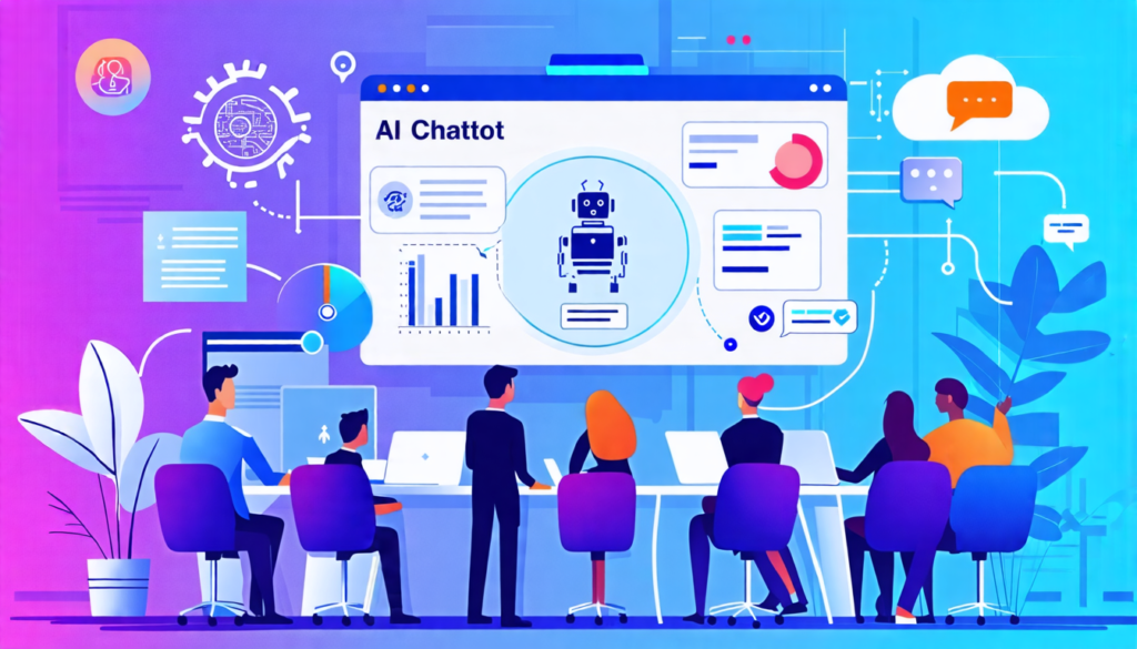 Create an image of a modern, sleek office environment where a diverse team of business professionals are gathered around a large screen displaying an AI chatbot interface. The scene should convey coll