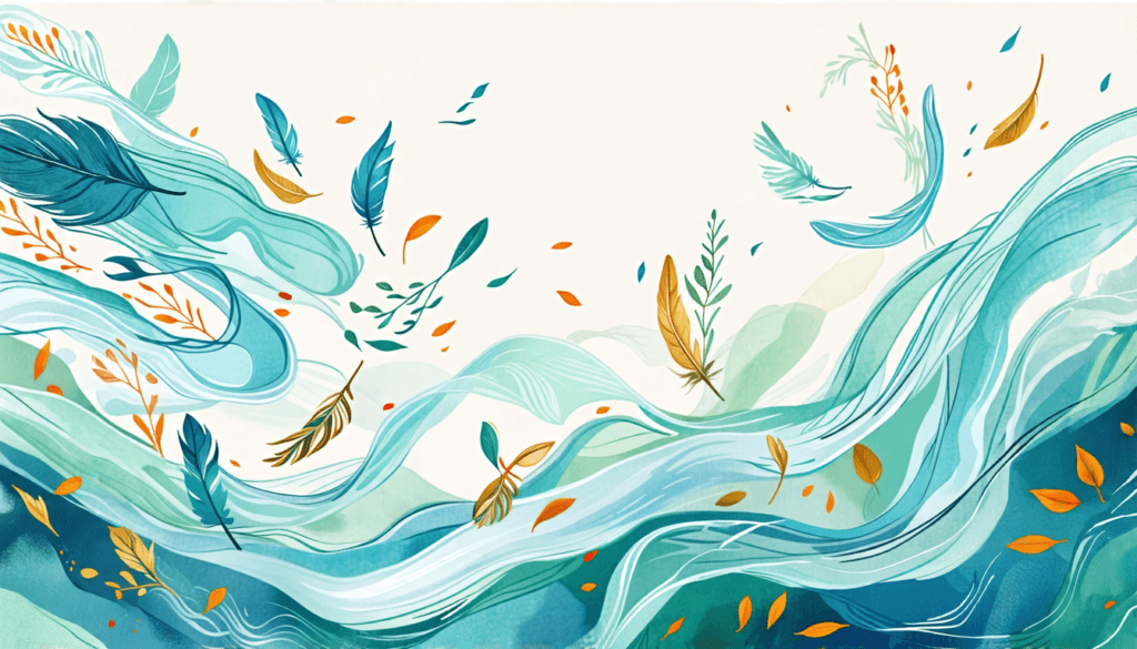 Create an ethereal and abstract illustration that embodies the concept of 'The Art of Release'. Include flowing elements like ribbons or feathers drifting away, symbolizing freedom and letting go. Use