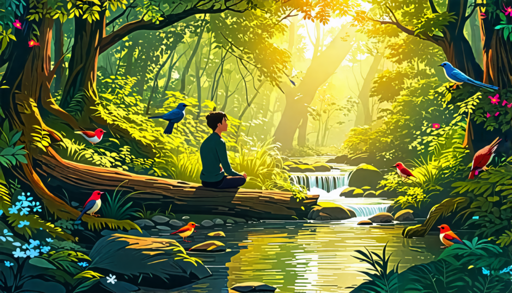 A serene image of a person sitting on a log in a lush forest, taking a deep breath with closed eyes. Sunlight filters through the canopy, creating dappled
