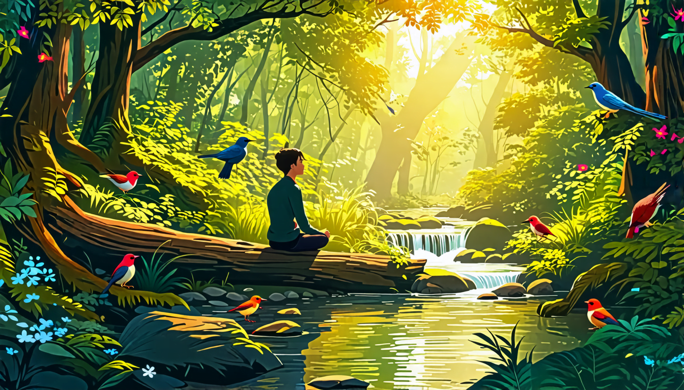 A serene image of a person sitting on a log in a lush forest, taking a deep breath with closed eyes. Sunlight filters through the canopy, creating dappled