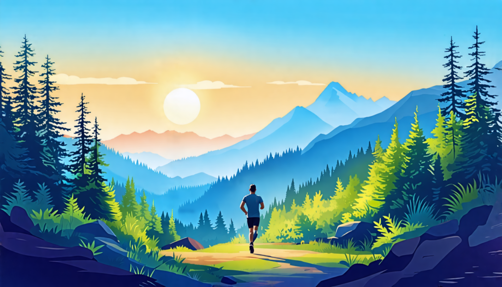Create an illustration of a serene outdoor scene featuring a person walking or running in nature, surrounded by trees, mountains, and a clear sky. The individual is engaged in the activity without any
