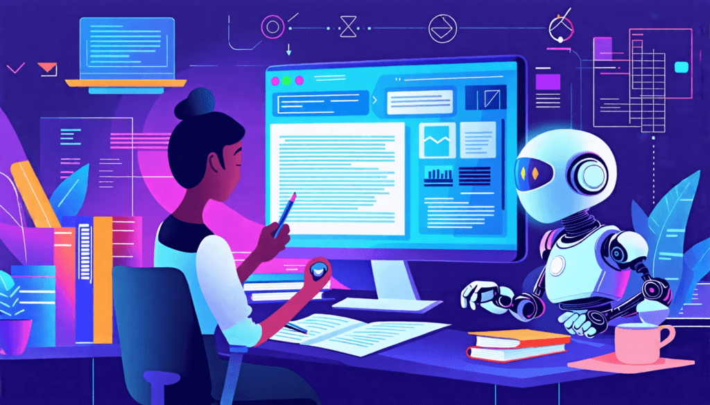 Create an illustration depicting a futuristic workspace where artificial intelligence tools are assisting a human proofreader. The scene should show a high-tech computer screen displaying AI-generated
