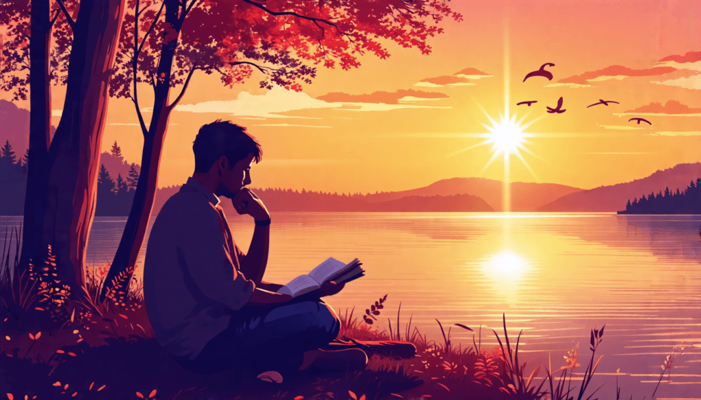 Create an image depicting a serene scene of a person sitting in a tranquil natural setting, such as a peaceful lakeside at sunset. The person is deep in thought, with a journal open on their lap, surr