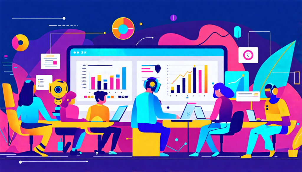 Create an image depicting the transformation of freelancing in the age of AI. Show a diverse group of freelancers working alongside advanced AI technologies in a modern workspace. Include elements lik