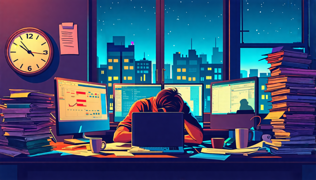 A stressed office worker slumped over a cluttered desk, surrounded by stacks of papers and multiple computer screens. The clock on the wall shows late nigh