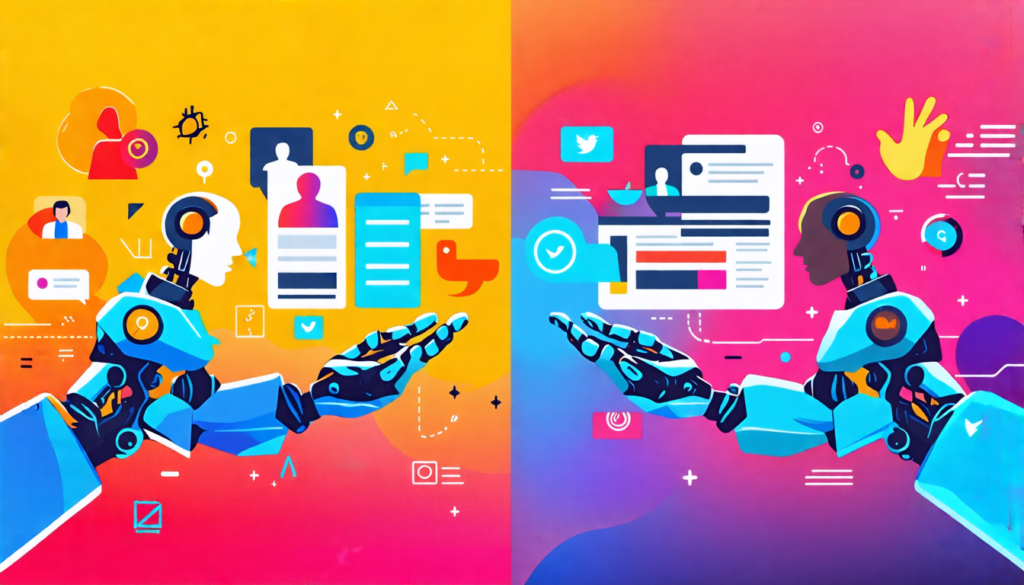 Create an illustration depicting the duality of social media automation: on one side, show a robotic hand managing social media posts with a faceless profile, symbolizing automation, and on the other