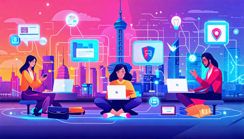 A digital illustration showing a diverse group of Asian freelancers working on laptops and mobile devices in a modern cityscape. The background features ic