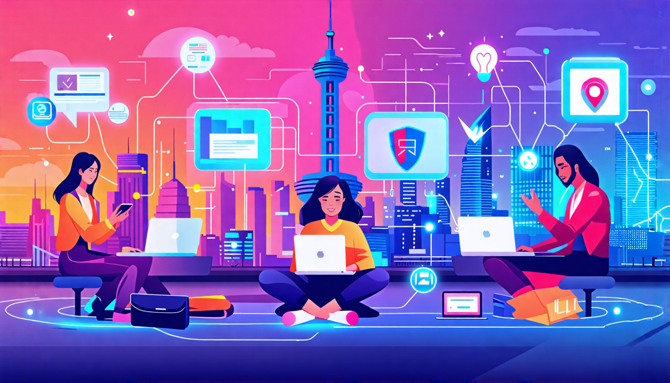 A digital illustration showing a diverse group of Asian freelancers working on laptops and mobile devices in a modern cityscape. The background features ic
