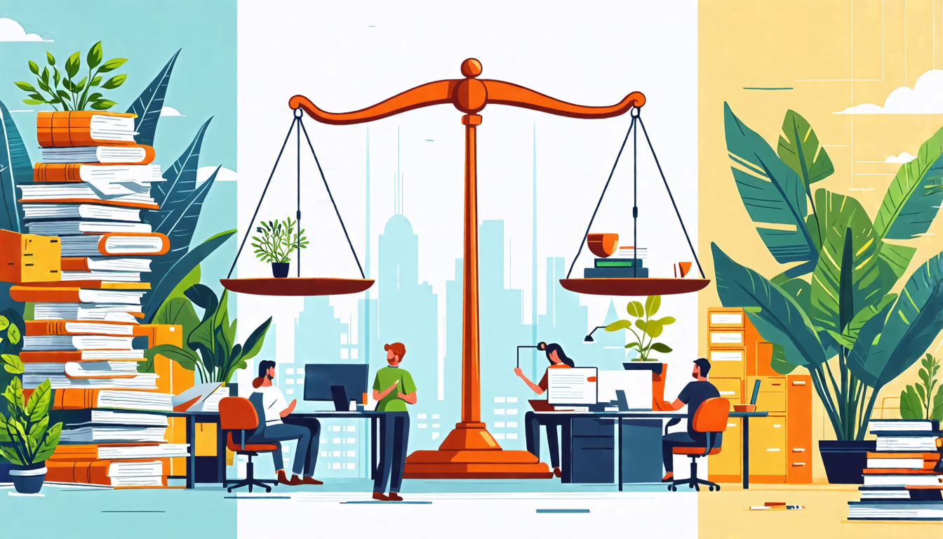 A split-screen image: on one side, a chaotic, cluttered office with stressed workers and teetering piles of papers; on the other side, a serene, organized
