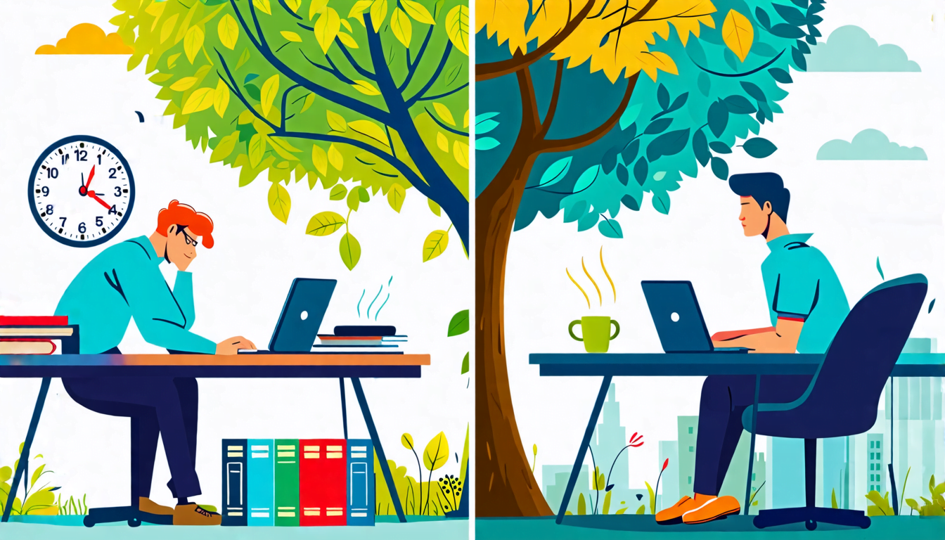A split-screen image: on one side, a stressed office worker hunched over a cluttered desk with a clock showing late hours; on the other side, the same pers