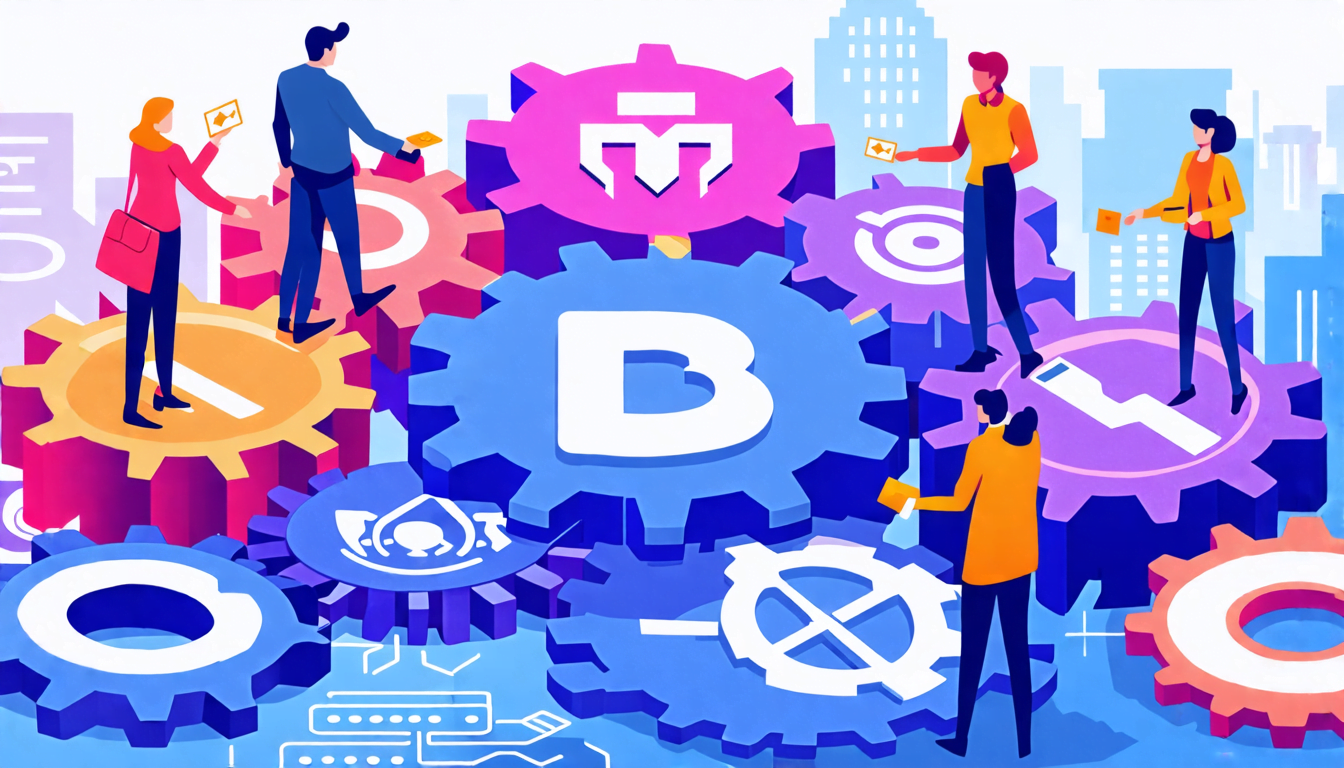 A stylized illustration of interconnected gears forming a large brand logo, with diverse professionals standing on and around the gears, exchanging busines