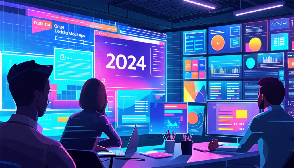 Create a futuristic business office environment featuring a diverse team of professionals brainstorming around a digital screen displaying vibrant website design mockups for 2024. The room should have