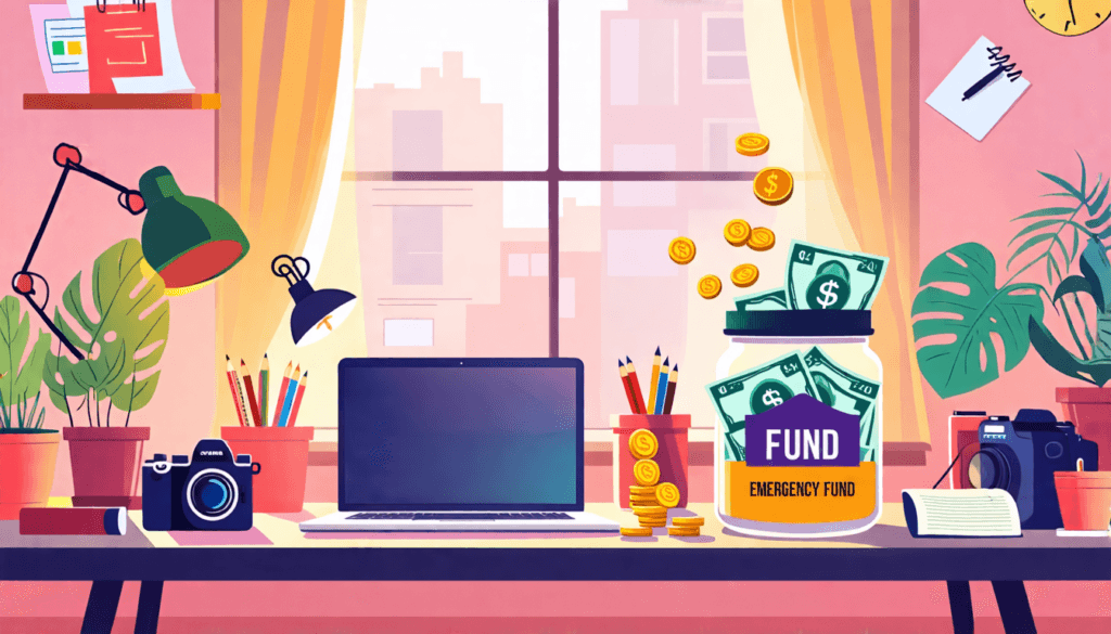 Create an illustration that depicts a freelancer's workspace featuring a cozy home office with a desk, a laptop, and various freelance tools. In the background, showcase a jar labeled 'Emergency Fund'