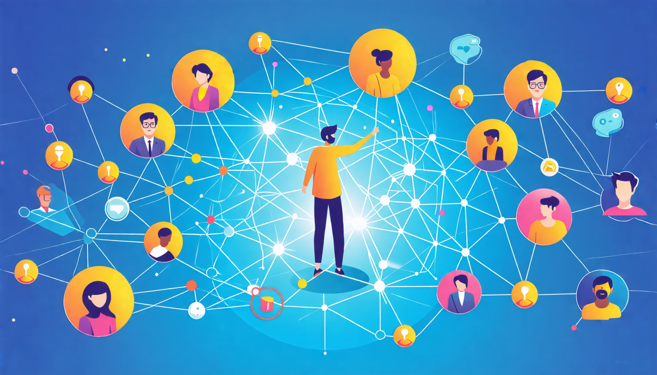 A stylized illustration showing a freelancer at the center of a web-like network, with interconnected nodes representing various professional contacts and