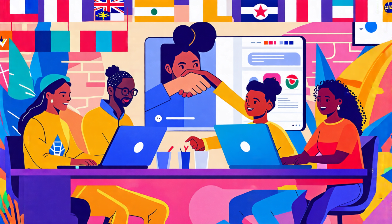 A diverse group of freelancers from different cultural backgrounds working together on laptops in a vibrant, global-themed coworking space. The walls are a