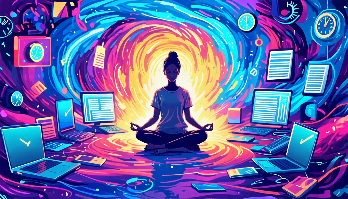 A serene digital artist sitting cross-legged in a lotus position, meditating peacefully amidst a swirling background of laptop screens, clocks, and project