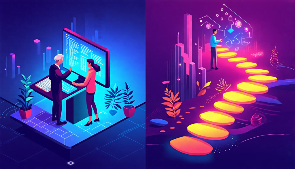 A split-screen image: on the left, a seasoned professional in business attire guiding a younger person through a complex task on a computer. On the right,