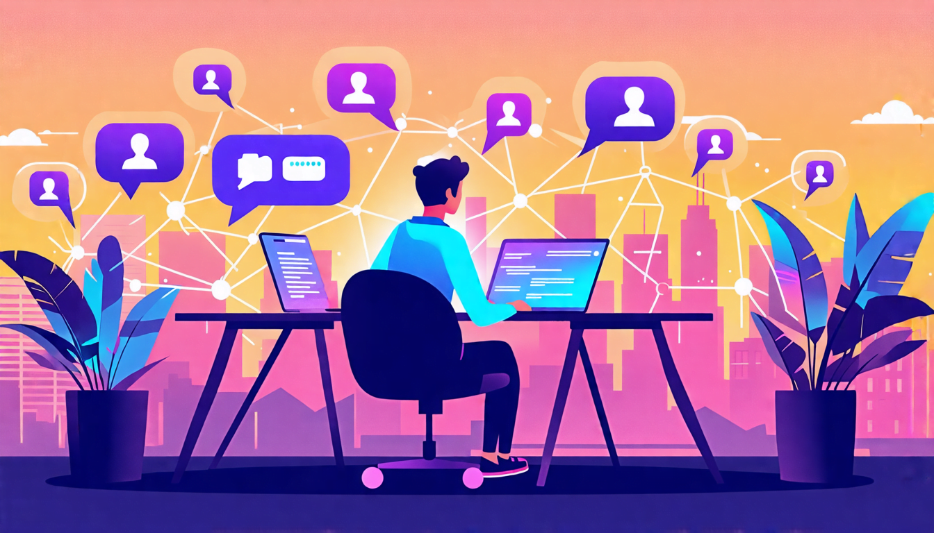 A stylized digital illustration showing a freelancer sitting at a desk with a laptop, surrounded by floating social media icons and speech bubbles. The fre