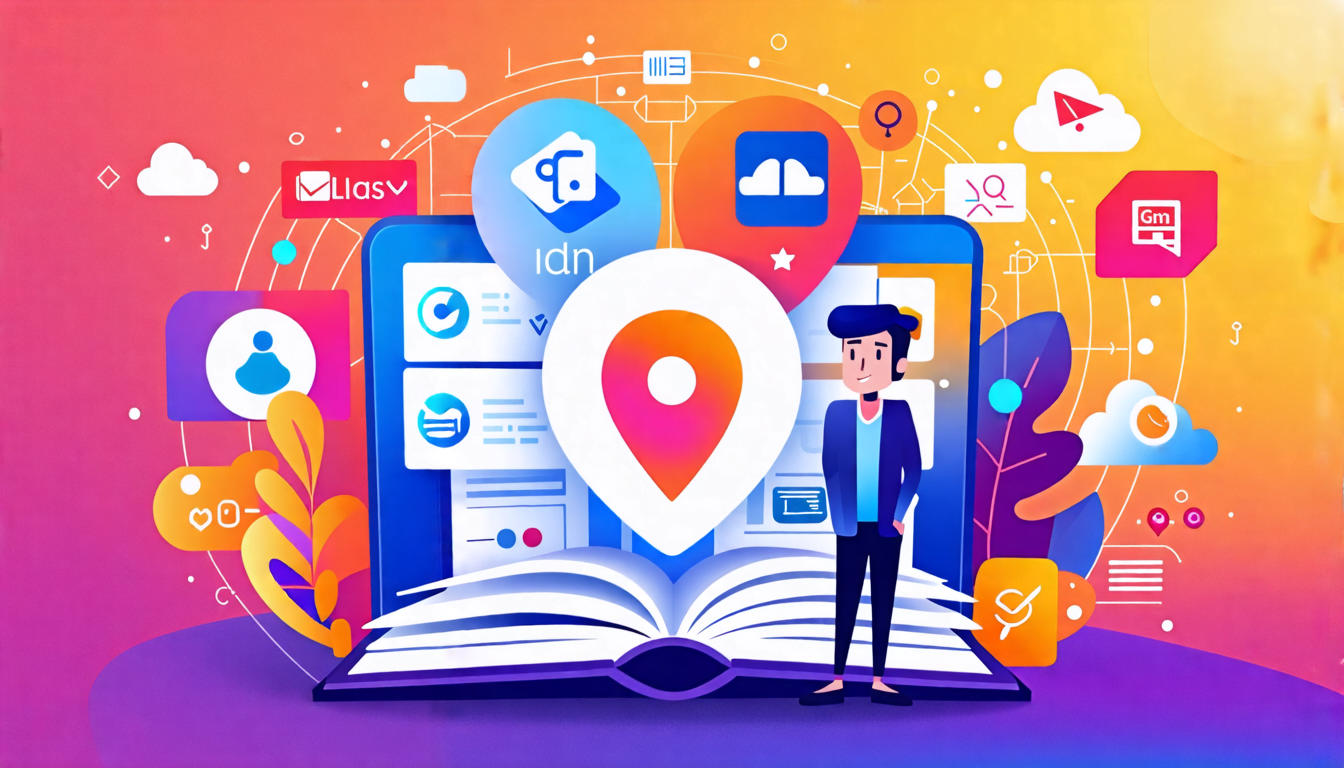 A stylized business professional standing confidently in front of a large, vibrant personal logo. The logo incorporates elements that represent various ski