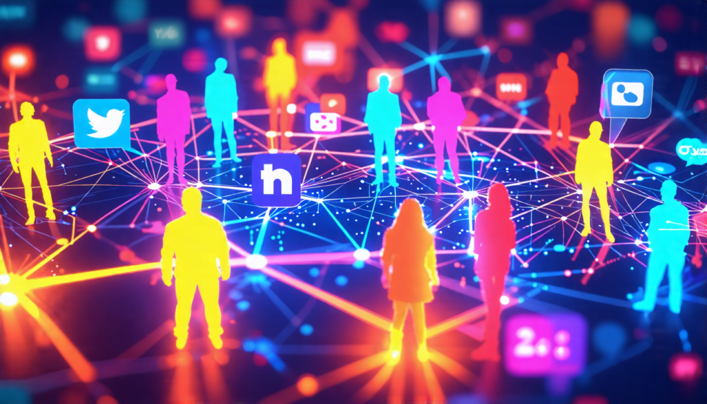 A digital social web connecting diverse silhouettes of people, with glowing lines representing connections between them. The web is overlaid on a backdrop
