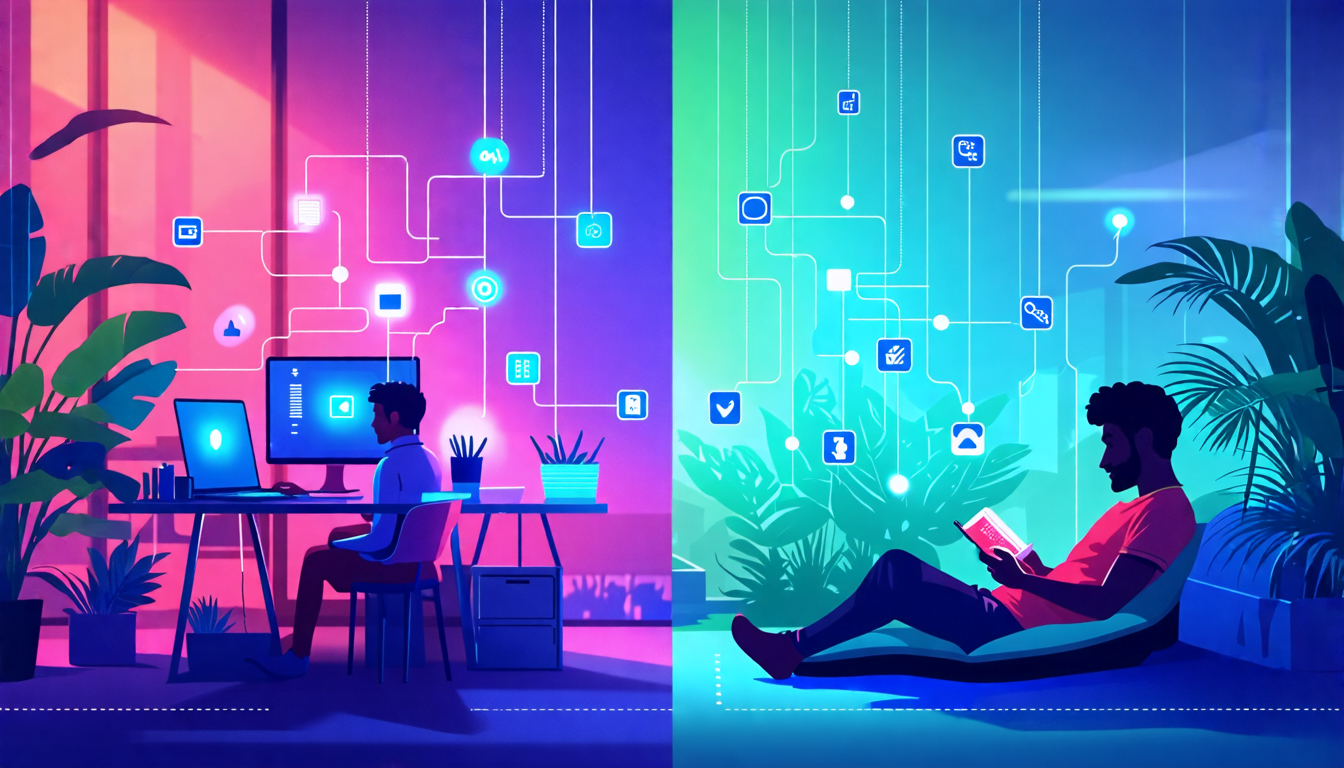 A split-screen image: on one side, a person working efficiently on a modern laptop in a bright, minimalist home office with smart devices visible; on the o