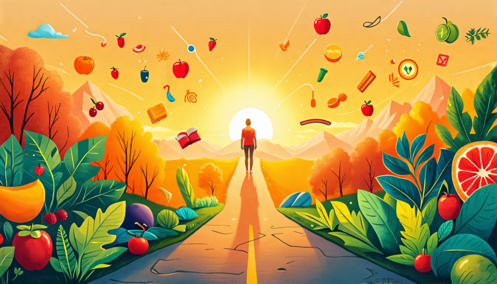 An artistic representation of a serene morning scene showcasing a person standing at a crossroads, surrounded by vibrant nature, symbolizing renewal and new beginnings. The individual is reflecting on