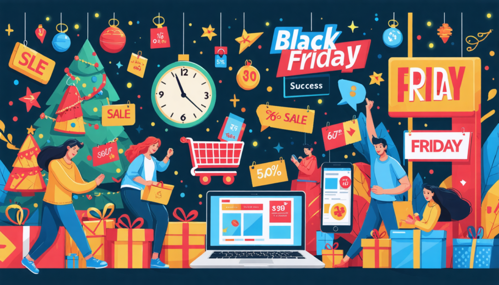 An eye-catching, vibrant illustration showcasing a bustling online shopping scene on Black Friday. Include elements like excited shoppers using laptops and smartphones, vibrant shopping cart icons, an