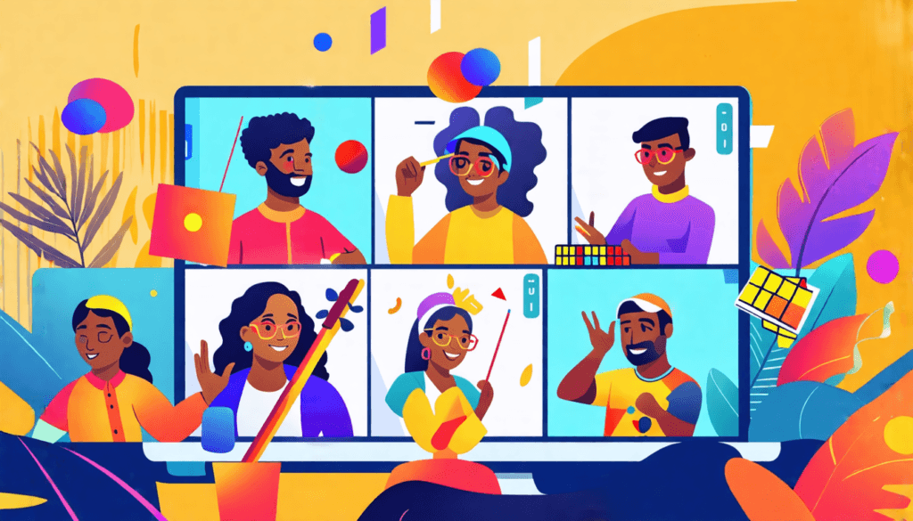 Create an imaginative scene depicting a virtual job interview where remote employees showcase their unseen talents. The setting should feature a diverse group of individuals on a video call, each disp