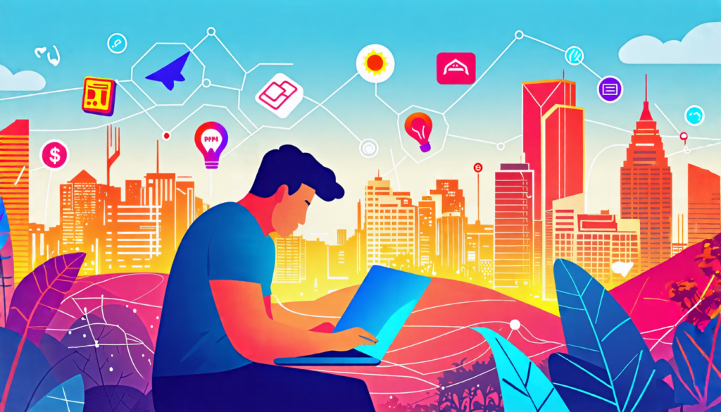 A vibrant digital illustration showing a Filipino person typing on a laptop, surrounded by floating elements representing success in freelance writing: mon