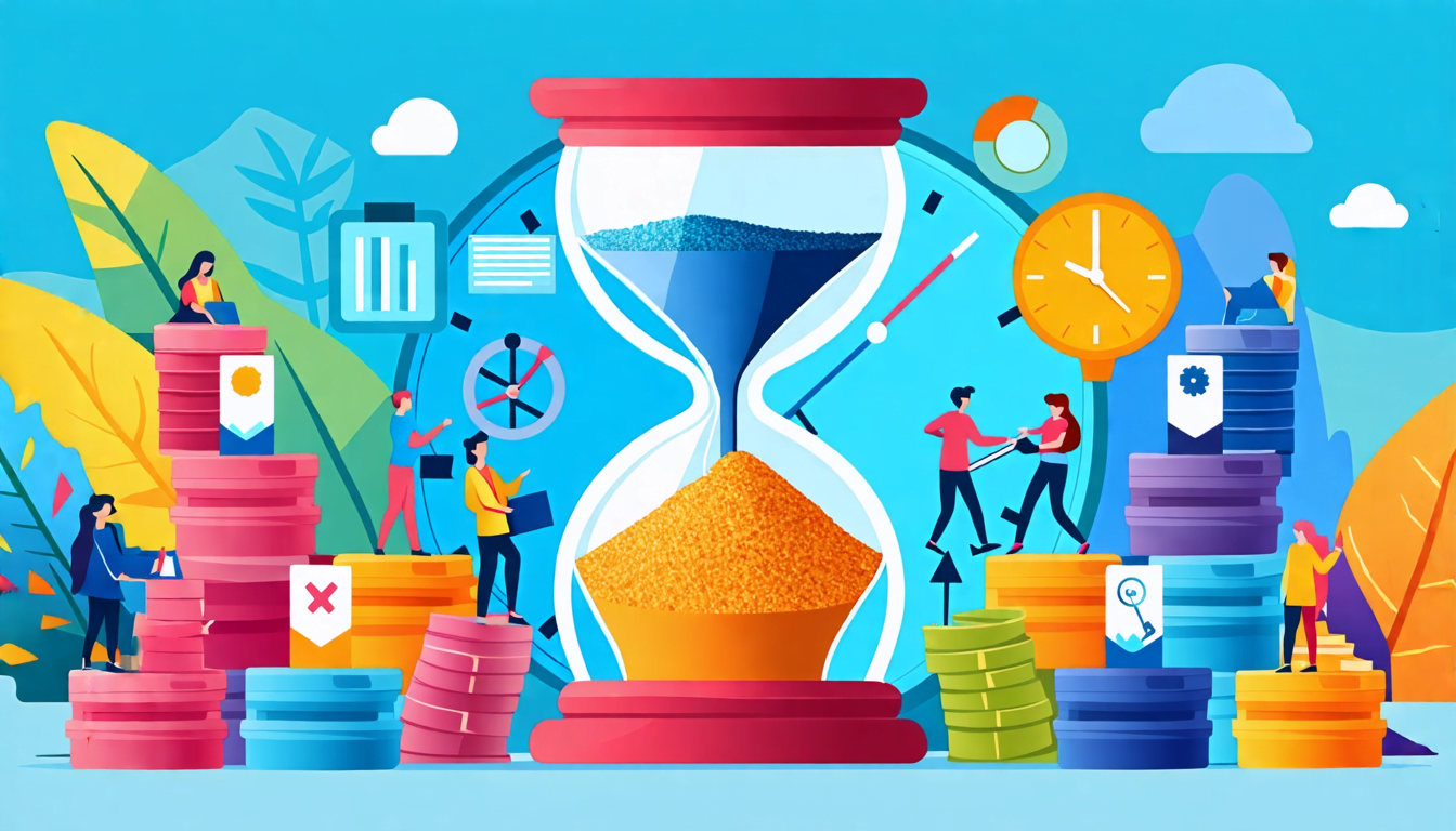 A stylized hourglass filled with colorful sand, with each grain representing different daily activities. Inside the hourglass, miniature figures are seen o