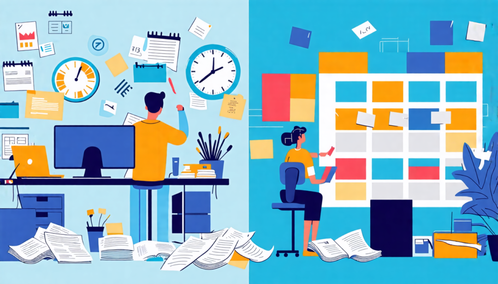 A split-screen image showing two contrasting scenes: On one side, a chaotic desk with scattered papers, multiple open laptops, and a stressed person juggli