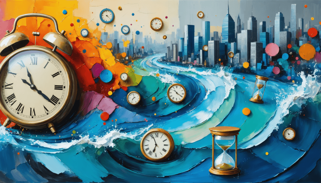 An abstract representation of time as a fluid, rushing river, with clock faces and hourglasses floating on the surface, surrounded by vibrant colors symbolizing urgency and chaos, set against a backdr