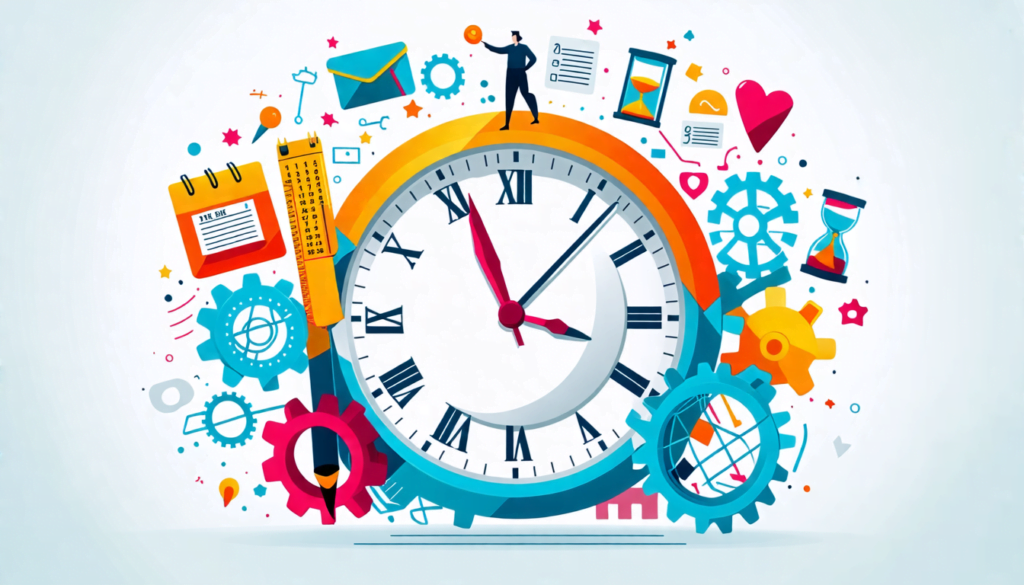 A stylized clock face with colorful, interlocking gears and cogs, surrounded by various productivity symbols like calendars, to-do lists, and hourglasses.