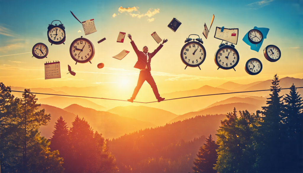A surreal image of a person juggling various clocks, calendars, and to-do lists while balancing on a tightrope. The background is split between a chaotic o