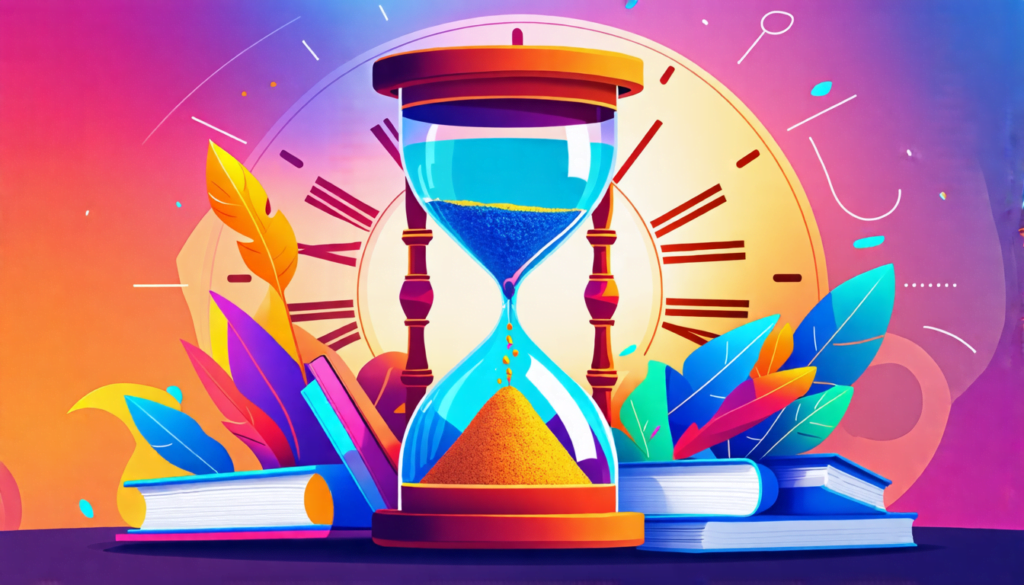 A colorful hourglass filled with books, digital devices, and learning tools instead of sand, set against a backdrop of a clock face. The hourglass is tilte
