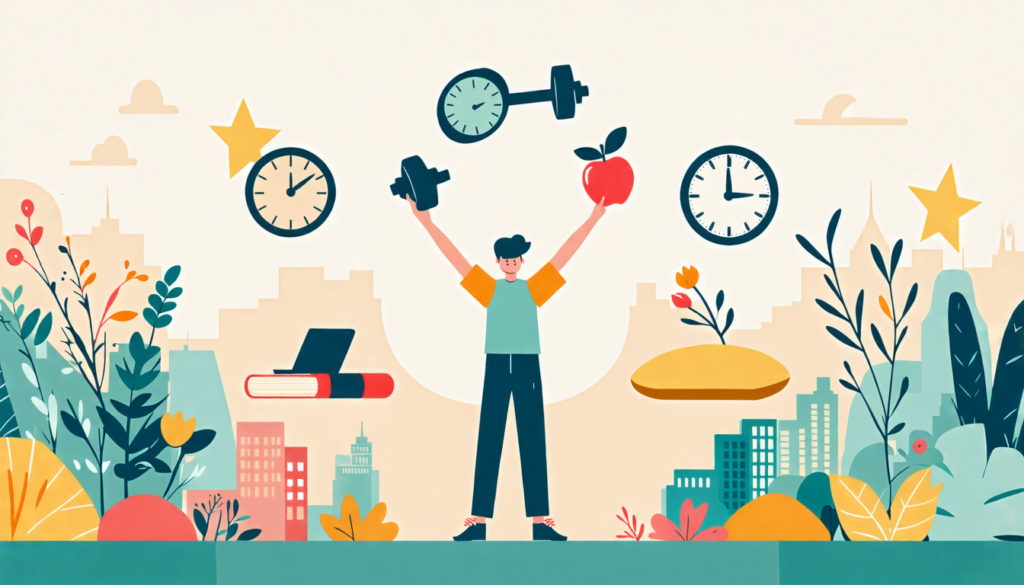 A serene, balanced image showing a person juggling various lifestyle elements: a clock, an apple, a dumbbell, a book, and a meditation cushion. The backgro