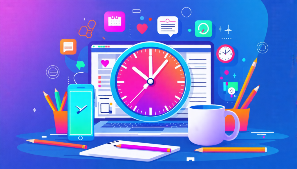 A colorful digital clock surrounded by various freelance work tools like a laptop, smartphone, notebook, and coffee mug. The clock face shows multiple time