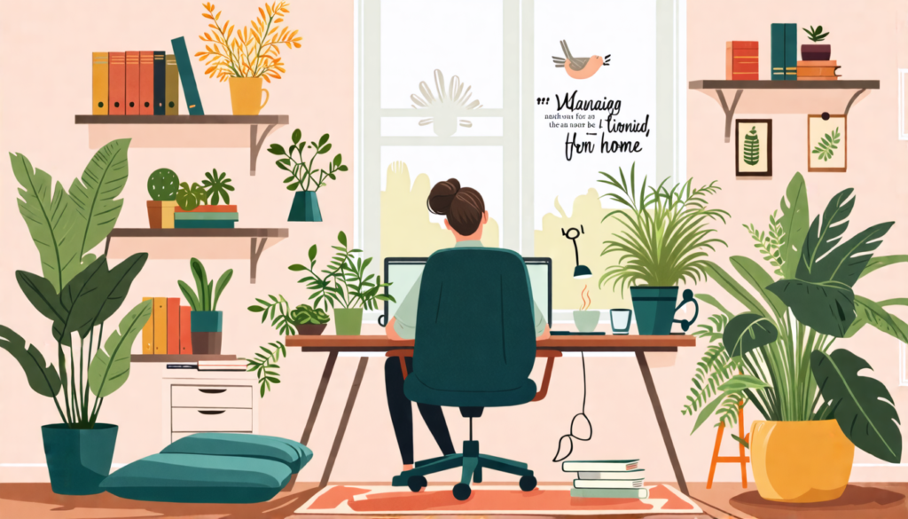 Create an illustration that depicts a serene home office environment, showcasing various stress-management techniques. Include a cozy workspace with a comfortable chair, plants, and natural light stre