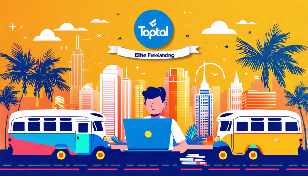 A stylized digital illustration showing a Filipino professional confidently working on a laptop, surrounded by iconic Filipino elements like jeepneys and p