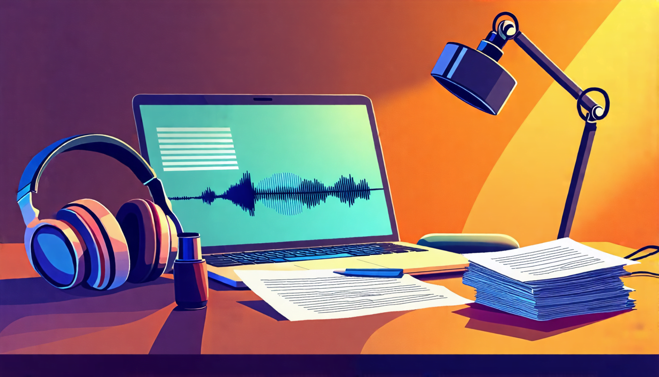 A sleek modern desk with a laptop, headphones, and microphone, alongside a stack of papers with typed text. The laptop screen shows an audio waveform trans