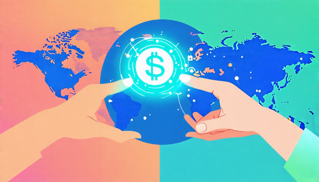 A minimalist digital illustration showing two hands passing a glowing coin between them, with a world map in the background. The coin has the Wise logo on