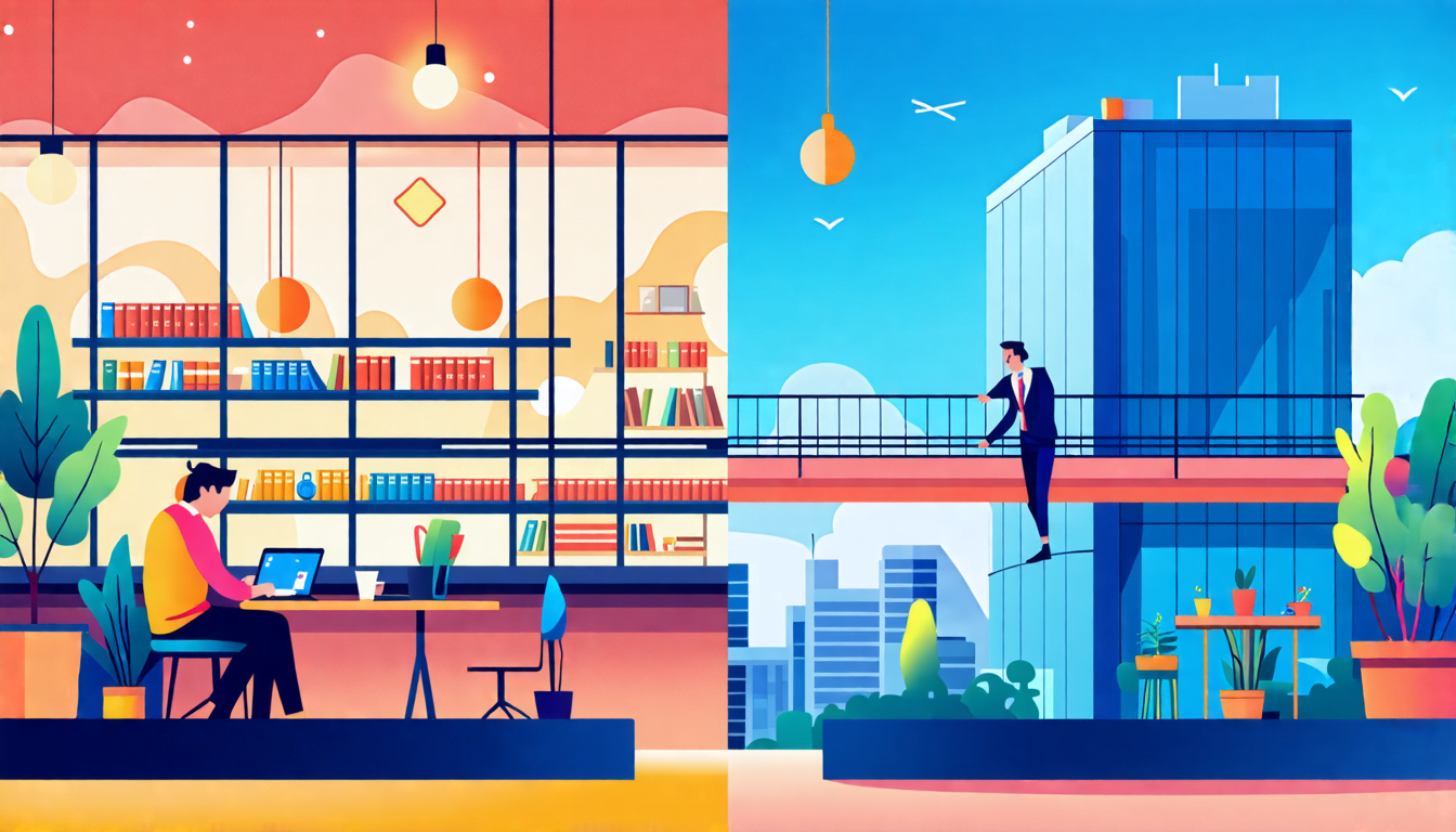 A split image: on the left side, a person working casually on a laptop in a coffee shop, representing freelance work; on the right side, the same person in