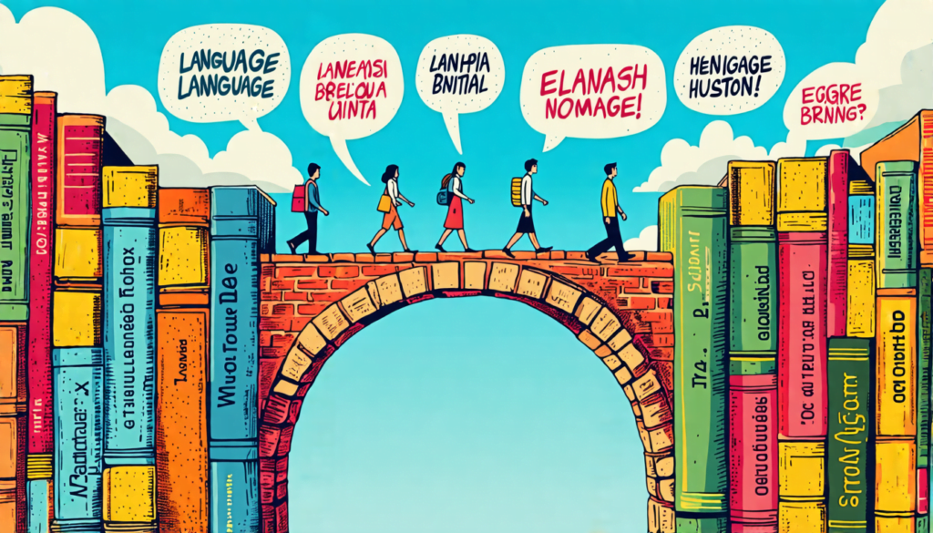 A colorful bridge made of various language dictionaries and translation books, spanning across a chasm. On one side, people speaking different languages ar