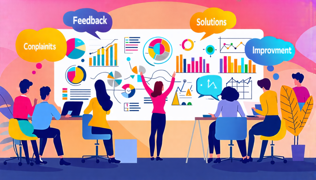 An imaginative illustration depicting a diverse group of people transforming their complaints into constructive ideas. Visual elements include thought bubbles with phrases like 'Feedback', 'Solutions'