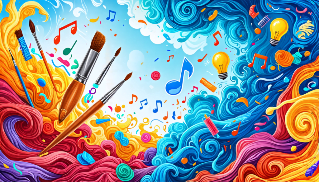 An abstract representation of transforming overwhelming emotions into vibrant creativity and productivity. The image should feature a blend of chaotic, swirling patterns symbolizing stress, which seam