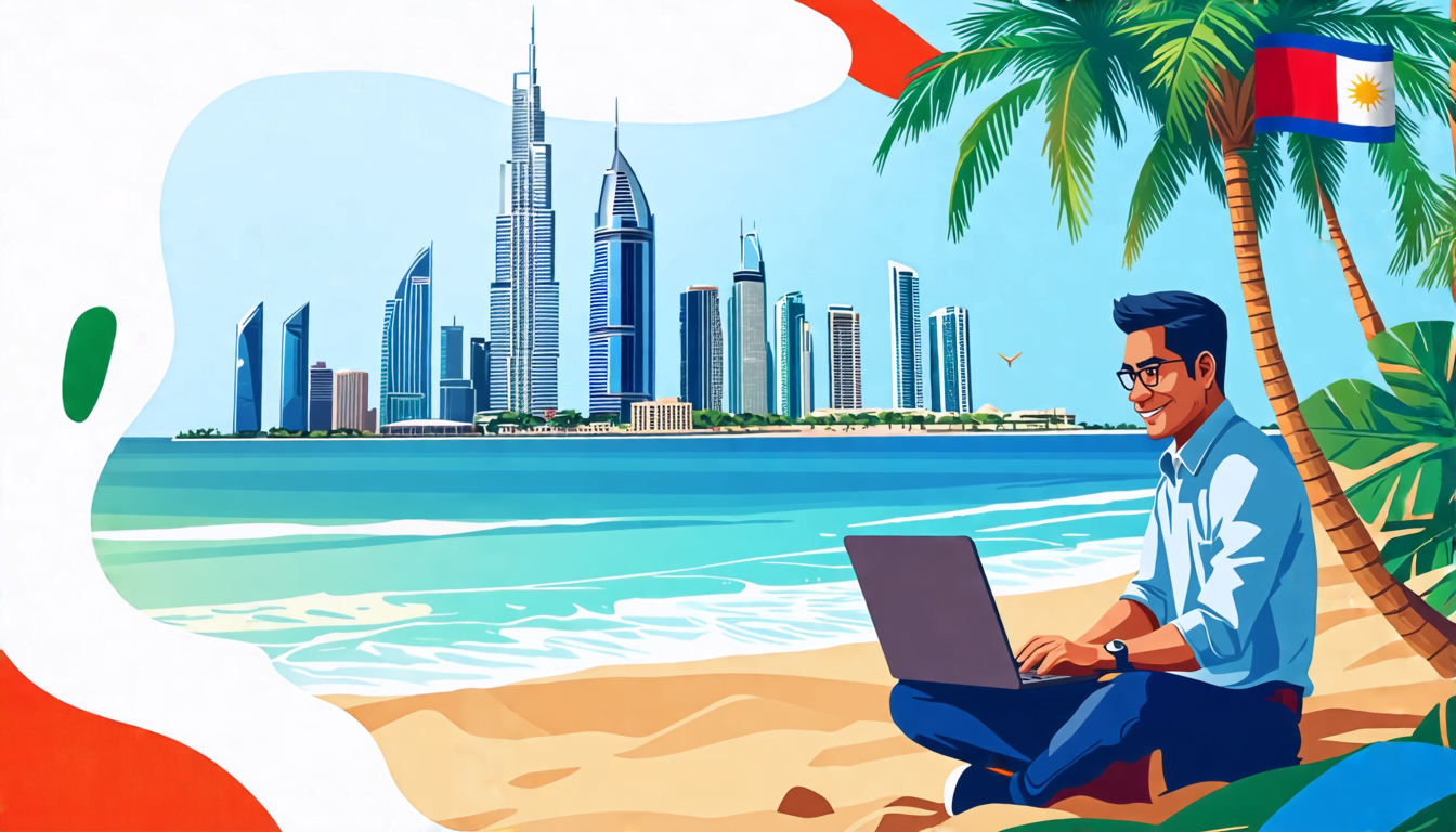 An image of a Filipino professional sitting on a beach with a laptop, palm trees in the background, and Dubai's iconic skyline visible on the horizon. The