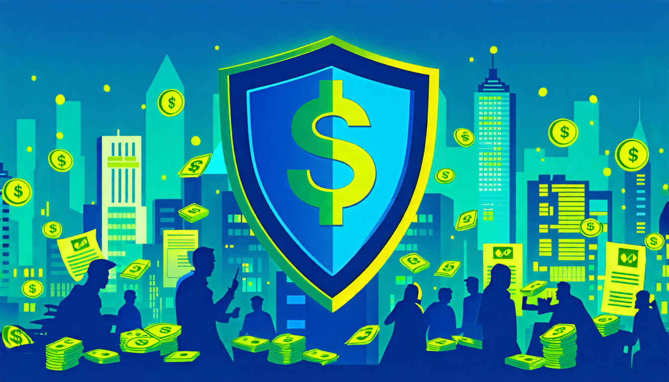 A digital illustration showing a shield with a dollar sign emblem, protecting a cityscape from shadowy figures trying to infiltrate with bags of money. The