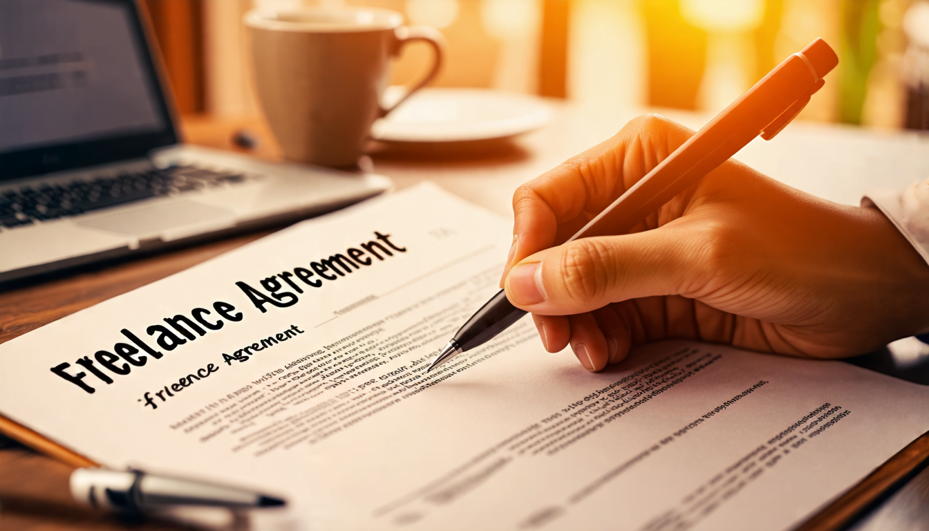 A close-up image of a hand holding a pen, signing a stylized contract document. The contract has Freelance Agreement written at the top in bold letters. In