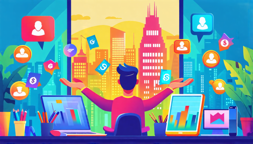 A vibrant illustration showing multiple streams of colorful money flowing from various sources (like laptops, smartphones, and client icons) into a freelan